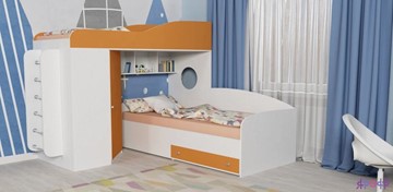Кровать-чердак детская Кадет-2 с металлической лестницей, корпус Белое дерево, фасад Оранжевый в Ярославле