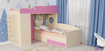 Детская кровать-чердак Кадет-2 с металлической лестницей, корпус Дуб, фасад Розовый в Ярославле