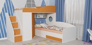 Кровать-чердак в детскую Кадет-2 с универсальной лестницей, корпус Белое дерево, фасад Оранжевый в Ярославле