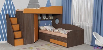 Детская кровать-шкаф Кадет-2 с универсальной лестницей, корпус Ясень анкор темный, фасад Оранжевый в Ярославле