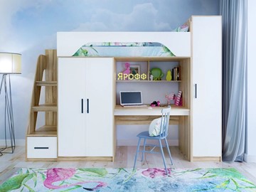 Детская кровать-чердак с шкафом Ярофф Тея, каркас Ясень, фасад Белый в Рыбинске