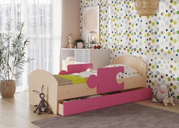Детская кровать с ящиком и бортиками Мозайка, корпус Млечный дуб/фасад Розовый (ламели) в Ярославле