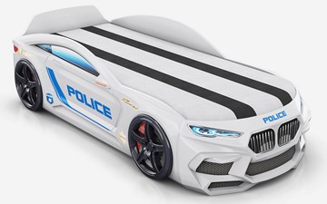 Кровать-машина Romeo-М Police + подсветка фар, ящик, матрас, Белый в Ярославле