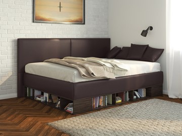 Кровать полутороспальная детская Lancaster 1, 120х200, ЛДСП венге, экокожа коричневая в Ярославле