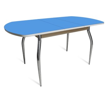 Кухонный стол раздвижной ПГ-07 СТ2, дуб молочный/синие стекло/35 хром гнутые металл в Ярославле