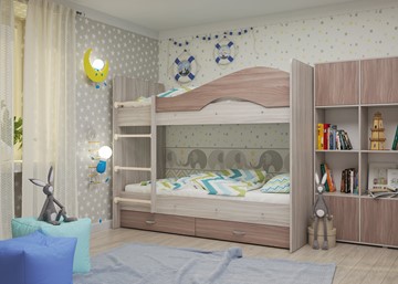 Детская двухэтажная кровать Мая с 2 ящиками на щитах, корпус Шимо светлый, фасад Шимо темный в Рыбинске - предосмотр