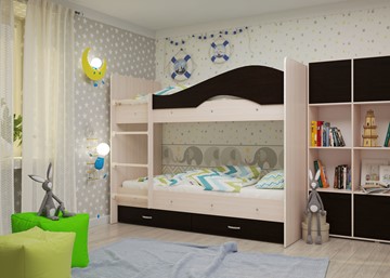Детская  двухъярусная кровать Мая с 2 ящиками на щитах, корпус Млечный дуб, фасад Венге в Ярославле - предосмотр 1