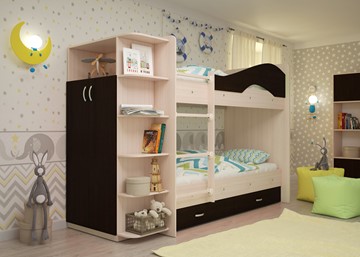 Детская  двухъярусная кровать Мая с 2 ящиками на щитах, корпус Млечный дуб, фасад Венге в Ярославле - предосмотр 2