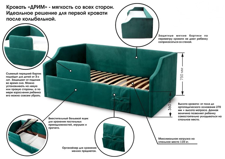Детская кровать с подъемным механизмом Дрим, Мора зеленый в Ярославле - изображение 10