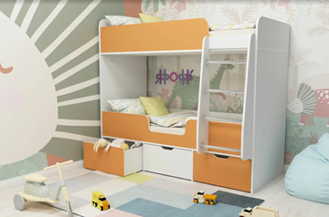 Детская двухэтажная кровать Малыш двойняшка 70х160, корпус Белое дерево, фасад Оранжевый в Рыбинске