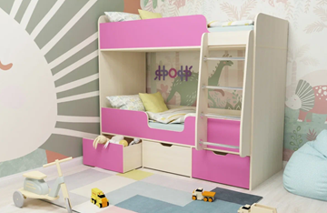 Детская 2-этажная кровать Малыш двойняшка 70х160, корпус Дуб молочный, фасад Розовый в Рыбинске