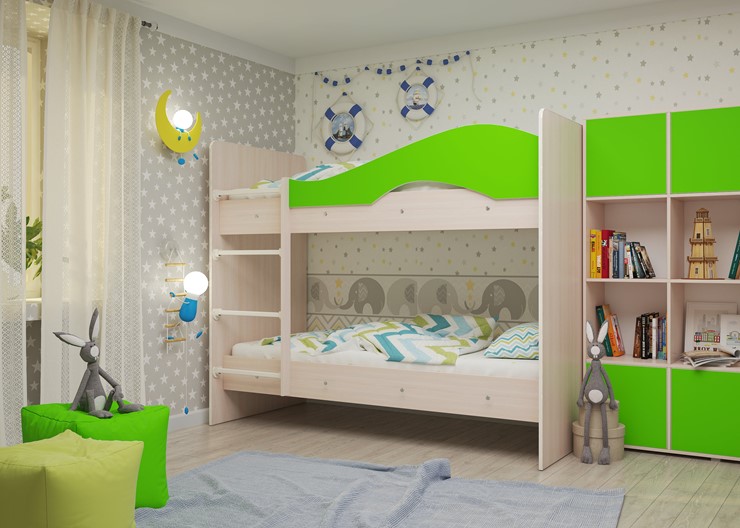 Детская 2-х ярусная кровать Мая на щитах со шкафом и ящиками, корпус Млечный дуб, фасад Салатовый в Ярославле - изображение 2