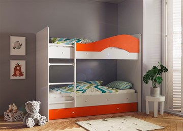 Кровать 2-ярусная Мая с 2 ящиками на щитах, корпус Млечный дуб, фасад Оранжевый в Рыбинске - предосмотр