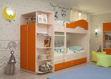 Кровать 2-ярусная Мая с 2 ящиками на щитах, корпус Млечный дуб, фасад Оранжевый в Рыбинске - предосмотр 1