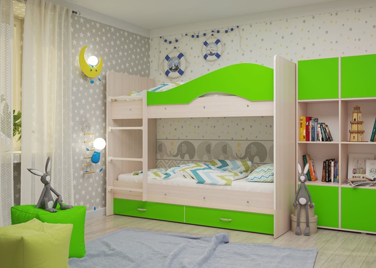 Детская 2-х ярусная кровать Мая с 2 ящиками на щитах, корпус Млечный дуб, фасад Салатовый в Ярославле - изображение 1