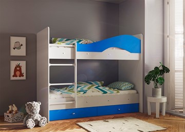 Двухэтажная детская кровать Мая с 2 ящиками на щитах, корпус Млечный дуб, фасад Синий в Рыбинске - предосмотр