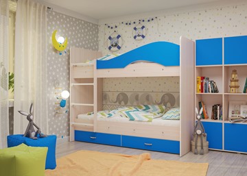 Двухэтажная детская кровать Мая с 2 ящиками на щитах, корпус Млечный дуб, фасад Синий в Рыбинске - предосмотр 3