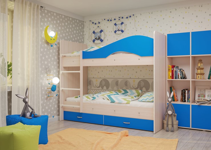Двухэтажная детская кровать Мая с 2 ящиками на щитах, корпус Млечный дуб, фасад Синий в Рыбинске - изображение 3