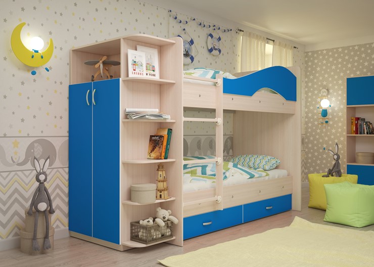 Двухэтажная детская кровать Мая с 2 ящиками на щитах, корпус Млечный дуб, фасад Синий в Ярославле - изображение 1