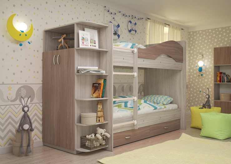Детская двухэтажная кровать Мая с 2 ящиками на щитах, корпус Шимо светлый, фасад Шимо темный в Ярославле - изображение 1
