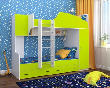 Детская двухэтажная кровать Юниор-2, каркас Белое дерево, фасад Лайм в Ярославле - предосмотр