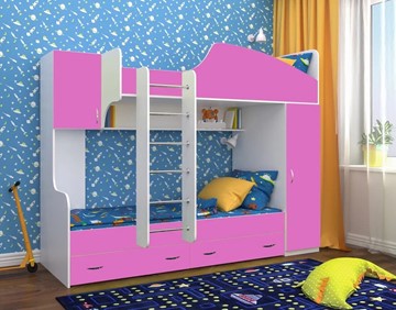 Детская кровать-шкаф Юниор-2, каркас Белое дерево, фасад Розовый в Ярославле