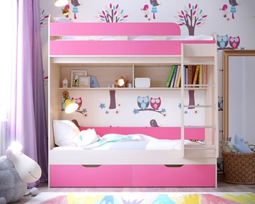 Детская двухэтажная кровать Юниор-5, каркас Дуб, фасад Розовый в Ярославле
