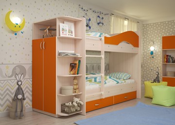Детская 2-этажная кровать Мая на щитах со шкафом и ящиками, корпус Млечный дуб, фасад Оранжевый в Ярославле - предосмотр