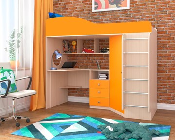 Кровать-чердак детская Кадет-1 с металлической лестницей, корпус Дуб, фасад Оранжевый в Ярославле - предосмотр