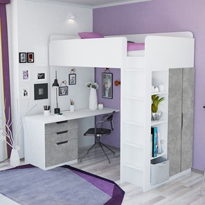 Кровать 2-х ярусная с письменным столом и шкафом POLINI Kids Simple Белый / Бетон в Рыбинске - предосмотр 1