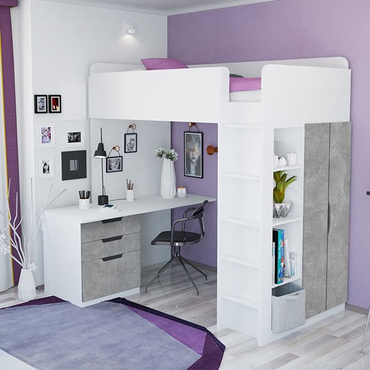 Кровать 2-х ярусная с письменным столом и шкафом POLINI Kids Simple Белый / Бетон в Ярославле - изображение 1