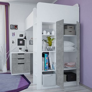 Кровать 2-х ярусная с письменным столом и шкафом POLINI Kids Simple Белый / Бетон в Рыбинске - предосмотр 2