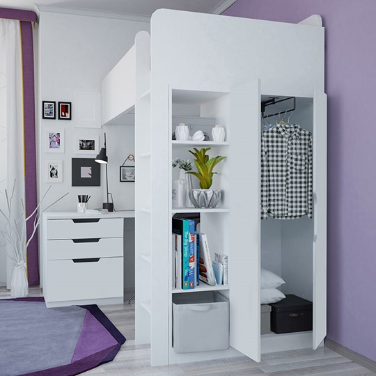 Кровать 2-х ярусная с письменным столом и шкафом POLINI Kids Simple Белый в Ярославле - изображение 3