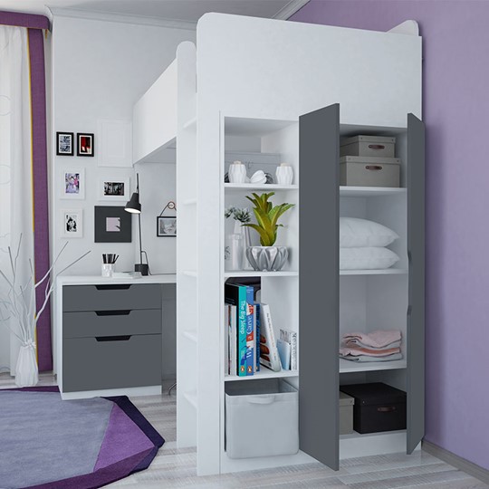 Кровать-чердак с письменным столом и шкафом POLINI Kids Simple Белый / Серый в Ярославле - изображение 1