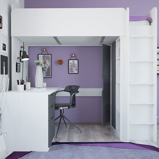 Кровать-чердак с письменным столом и шкафом POLINI Kids Simple Белый / Серый в Ярославле - изображение 2
