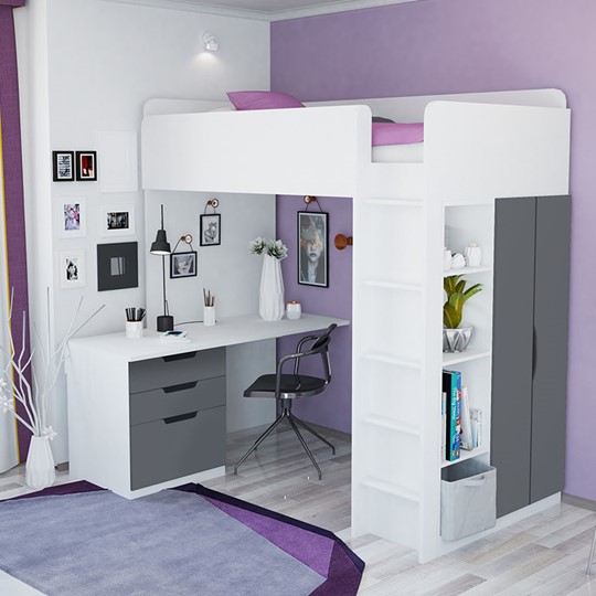 Кровать-чердак с письменным столом и шкафом POLINI Kids Simple Белый / Серый в Ярославле - изображение 3