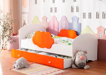Кровать детская Тучка с ящиком, корпус Белый, фасад Оранжевый в Рыбинске