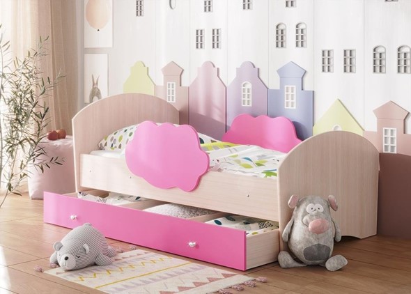 Детская кровать Тучка с ящиком, корпус Дуб млечный, фасад Розовый в Ярославле - изображение
