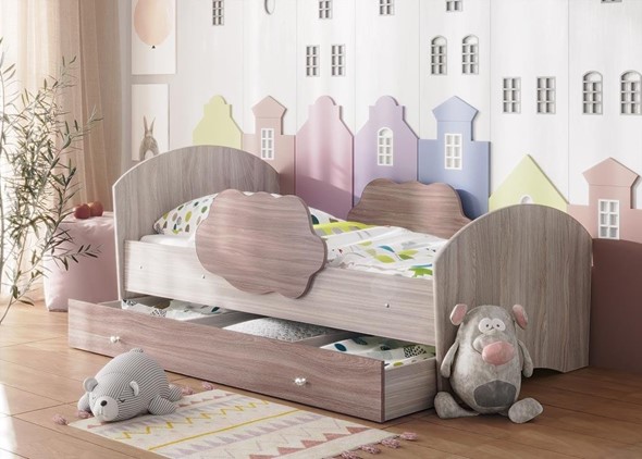 Детская кровать Тучка с ящиком, корпус Ясень Шимо светлый, фасад Ясень Шимо темный в Рыбинске - изображение