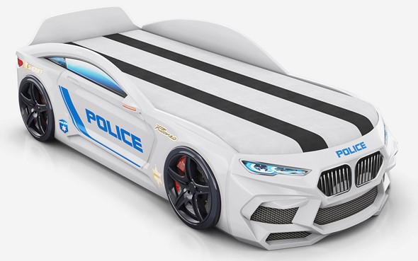 Кровать-машина Romeo-М Police + подсветка фар, ящик, матрас, Белый в Ярославле - изображение