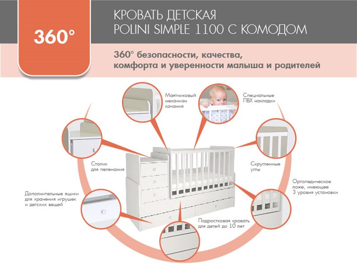 Детская кроватка с комодом POLINI Kids Simple 1100 Слоновая кость в Ярославле - изображение 4