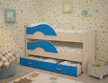 Детская 2-этажная кровать Радуга 1.6 с ящиком, корпус Млечный дуб, фасад Синий в Рыбинске
