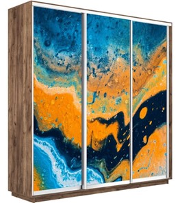 Шкаф 3-х дверный Экспресс 2100х450х2200, Абстракция оранжево-голубая/дуб табачный в Ярославле