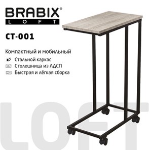 Стол журнальный BRABIX "LOFT CT-001", 450х250х680 мм, на колёсах, металлический каркас, цвет дуб антик, 641860 в Ярославле