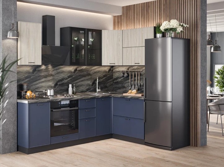 Гарнитур кухонный угловой 2400 Индиго, Черный/Дуб мадейра топаз/Темно-синий в Ярославле - изображение
