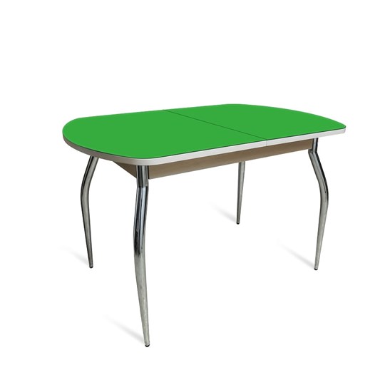 Кухонный стол раздвижной ПГ-02 СТ2, дуб молочный/зеленое стекло/35 хром гнутые металл в Ярославле - изображение 1