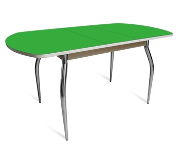 Кухонный раздвижной стол ПГ-07 СТ2, дуб молочный/зеленое стекло/35 хром гнутые металл в Ярославле
