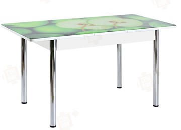 Кухонный раздвижной стол Айсберг-02 СТФ, белое лдсп/зеленые яблоки/ноги хром прямые в Ярославле