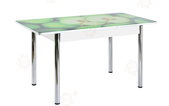 Кухонный раздвижной стол Айсберг-01 СТФ, белый/фотопечать зеленые яблоки/ноги хром круглые в Ярославле - изображение