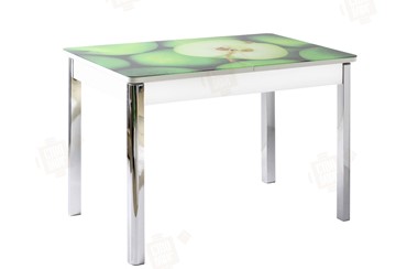 Кухонный раздвижной стол Айсберг-01 СТФ, белый/фотопечать зеленые яблоки/ноги хром квадратные в Ярославле